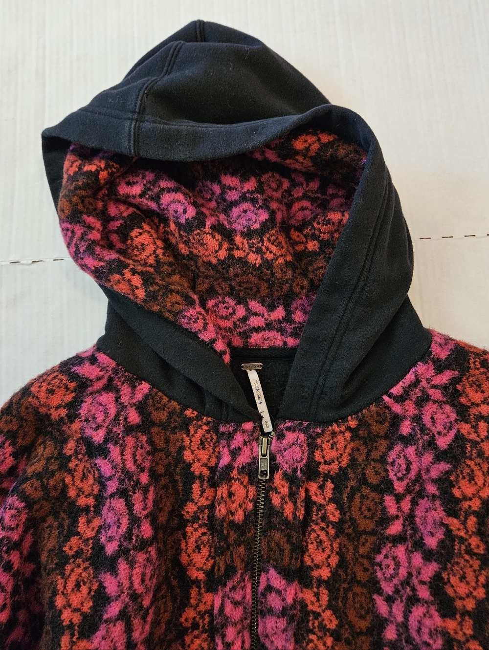 Free People Rockwell Sweater Hoodie Bomber Jacket Pink Black Floral Boho, M - Picture 9 of 15